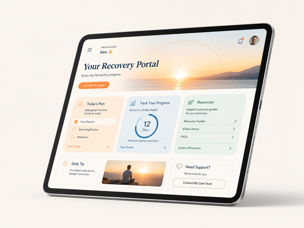 Patient Portal shown on a tablet — week-by-week recovery guidance, exercises, and practical tools.