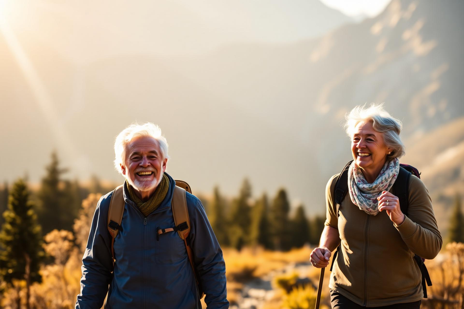 An active senior couple hiking together at golden hour, smiling and full of energy.